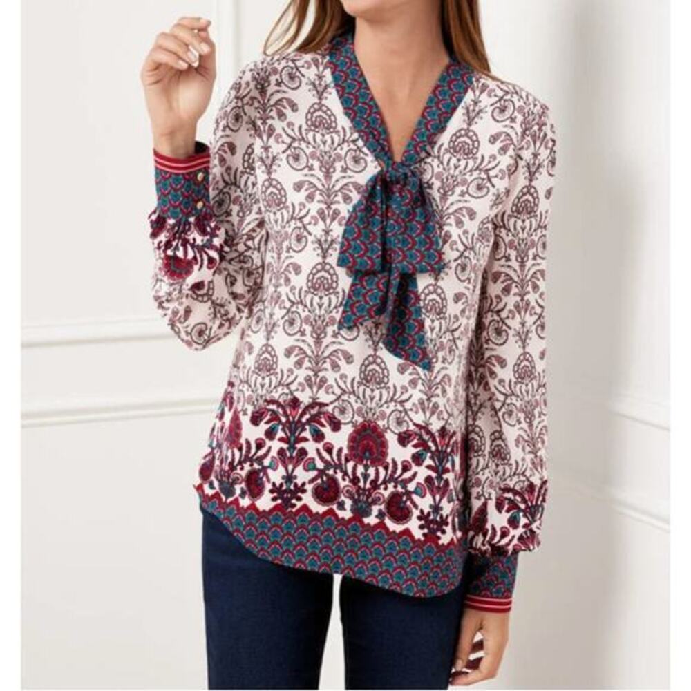 Talbots Tie Neck Soft Top Blouse Damask Border Bow White Red Blue Large‎ Curved